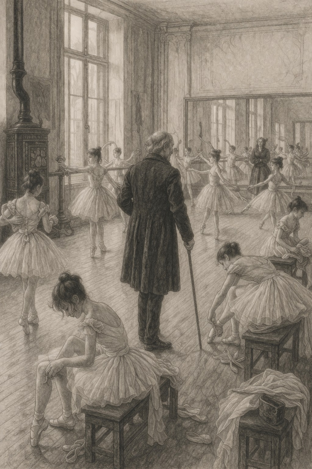 Junge Ballettsch&uuml;lerinnen der Pariser Oper im 19. Jahrhundert beim Training unter Aufsicht des Ballettmeisters